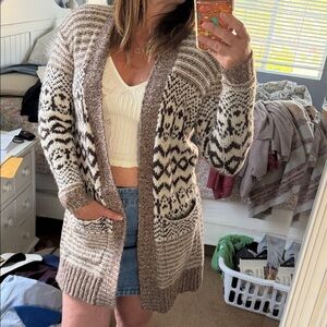American Eagle Outfitters Cream & Taupe Fair Isle Open-Front Cardigan